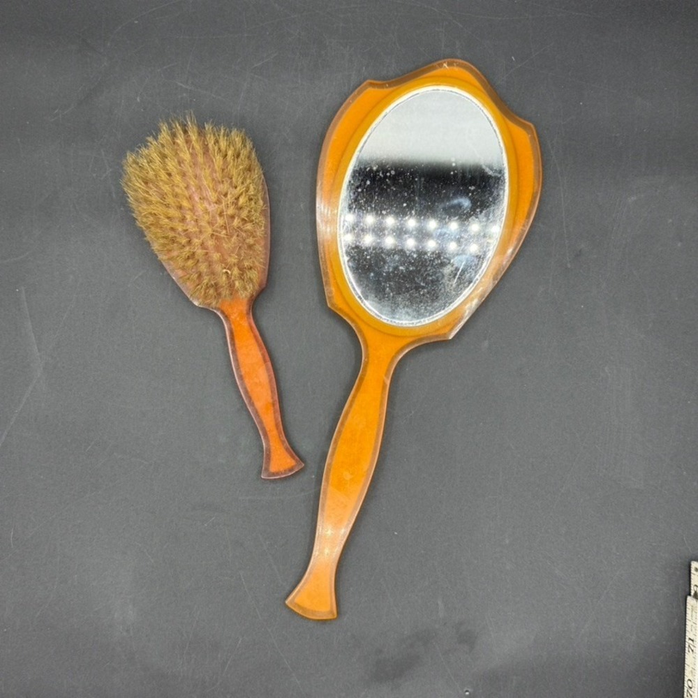 Vintage MCM Vanity Set Mirror Brush Amber Celluloid Faux Pearl Retro Cottage